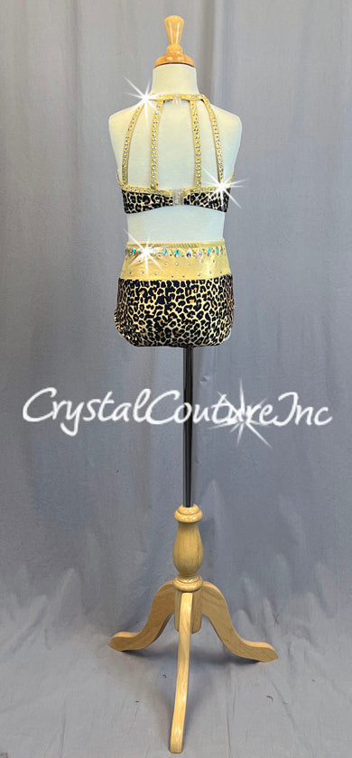 Two Piece Leopard Print Bra Top and Trunks with Gold Accents - Rhinestones and Appliques