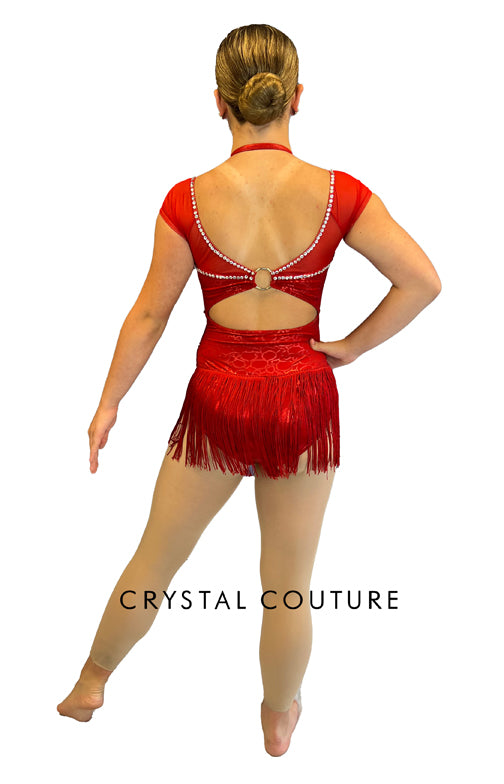 True Red Cap Sleeve Leo with Fringe Skirt and Rhinestones