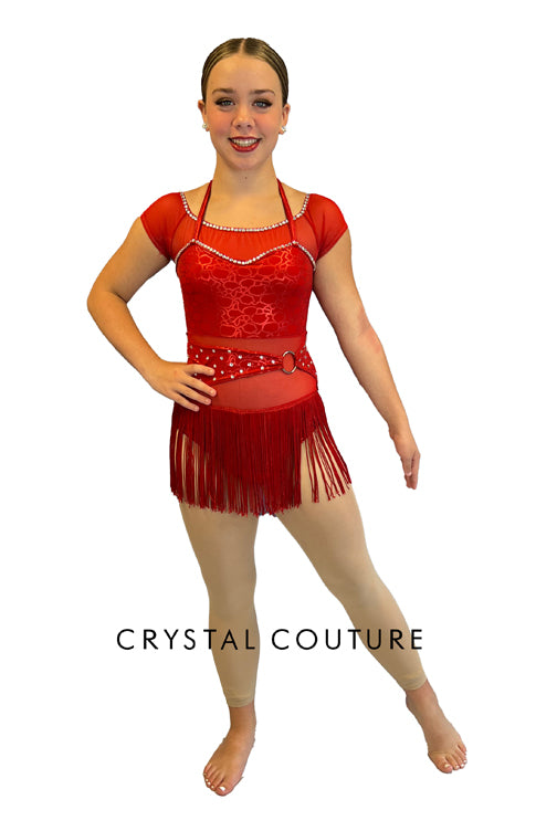 True Red Cap Sleeve Leo with Fringe Skirt and Rhinestones