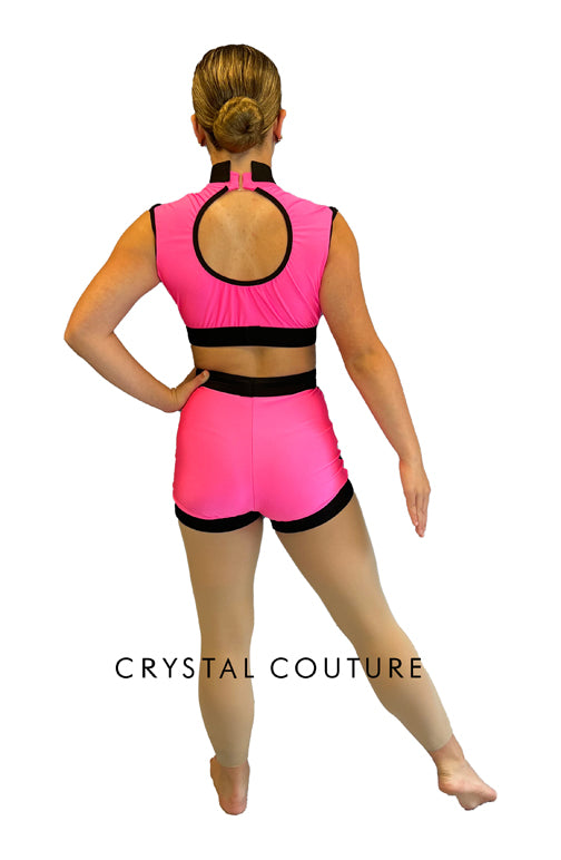 Neon Pink Mock Neck Crop and Shorts with Black Banding