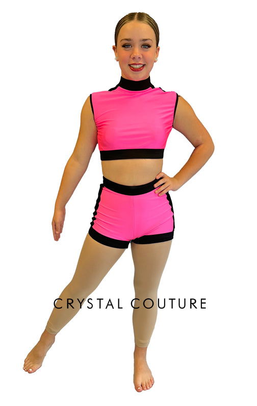 Neon Pink Mock Neck Crop and Shorts with Black Banding