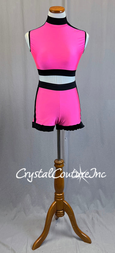 Neon Pink Mock Neck Crop and Shorts with Black Banding