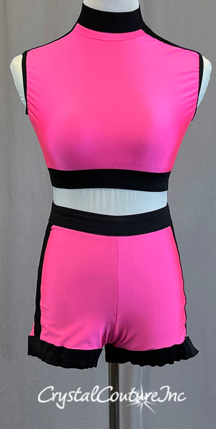 Neon Pink Mock Neck Crop and Shorts with Black Banding