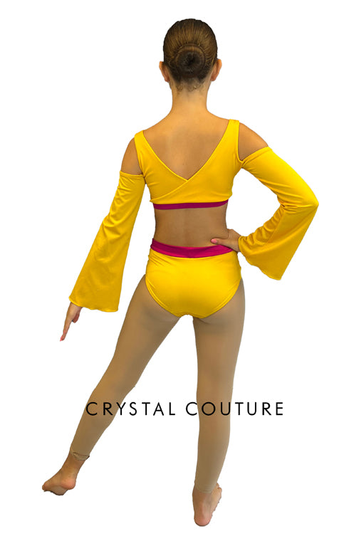 Yellow and Pink Cold Shoulder Top with Bell Sleeves and Trunks