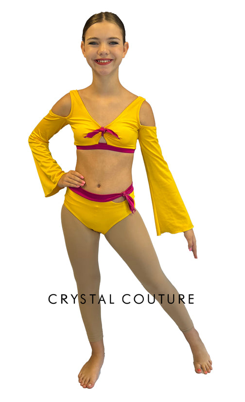 Yellow and Pink Cold Shoulder Top with Bell Sleeves and Trunks
