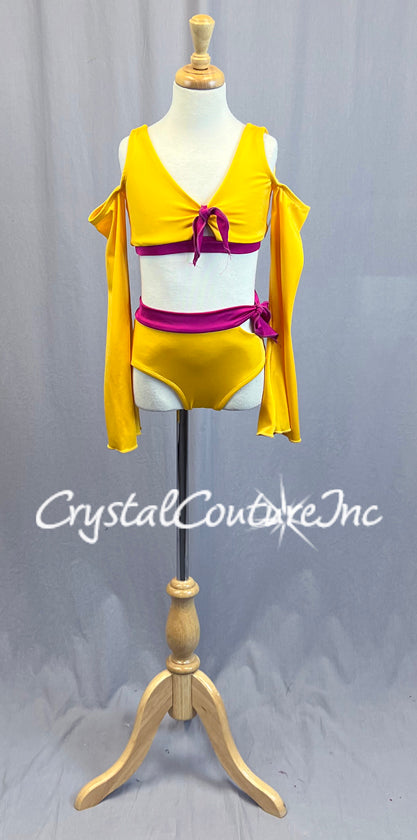 Yellow and Pink Cold Shoulder Top with Bell Sleeves and Trunks