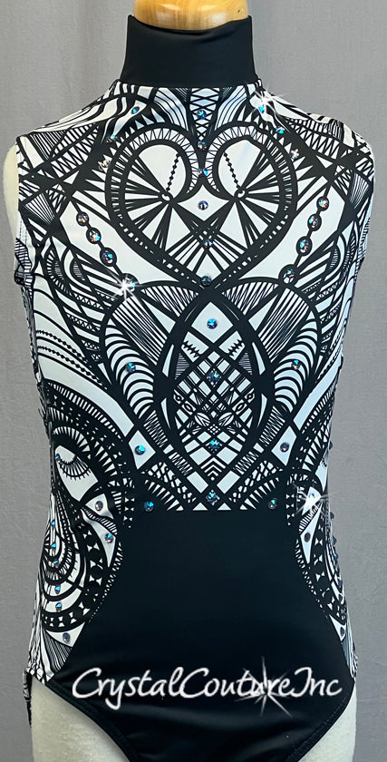Black and White Patterned Mock Neck Leo with Strappy Back - Rhinestones