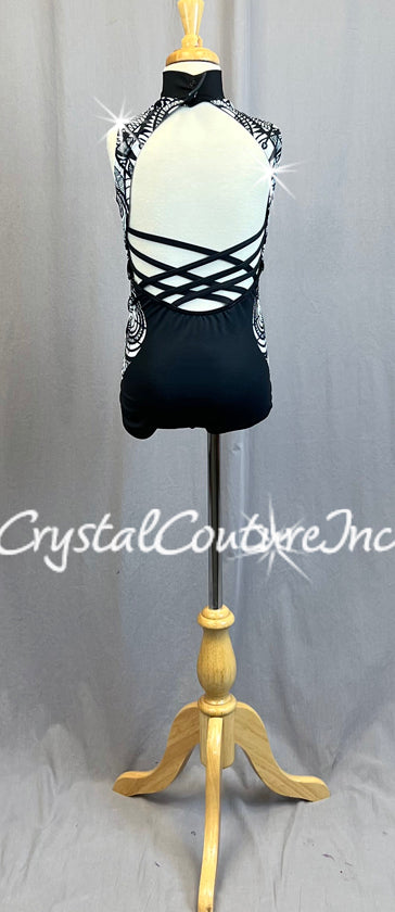 Black and White Patterned Mock Neck Leo with Strappy Back - Rhinestones