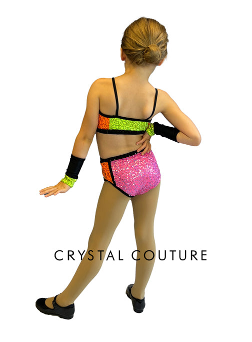 Neon Multi-Color Connected Two Piece with Black Trim and Sequins