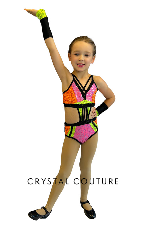 Neon Multi-Color Connected Two Piece with Black Trim and Sequins
