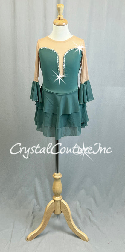 Sage Green Leotard with Tiered Skirt and Flutter Sleeves - Rhinestones