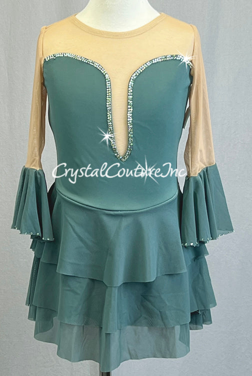 Sage Green Leotard with Tiered Skirt and Flutter Sleeves - Rhinestones