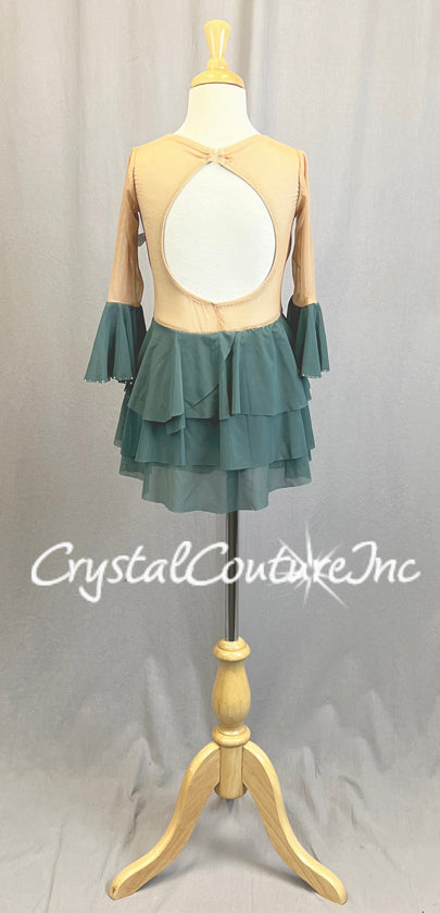 Sage Green Leotard with Tiered Skirt and Flutter Sleeves - Rhinestones