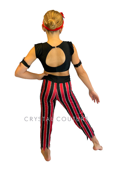 Pirate Themed Black Cap Sleeve Top with Black and Red Striped Pants - Rhinestones