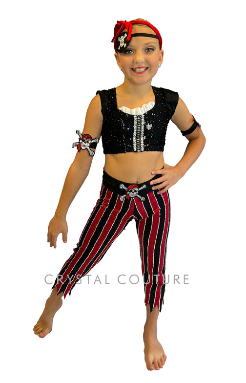 Pirate Themed Black Cap Sleeve Top with Black and Red Striped Pants - Rhinestones