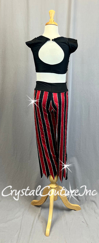 Pirate Themed Black Cap Sleeve Top with Black and Red Striped Pants - Rhinestones