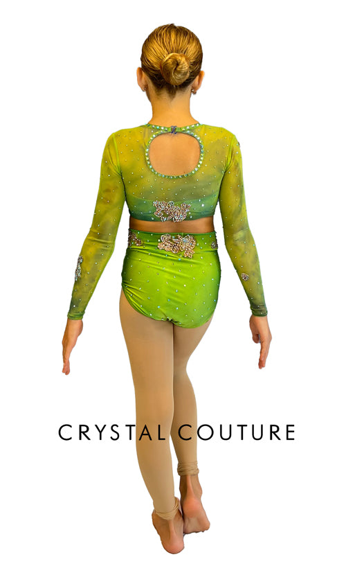 Custom Marble Green Lycra Top & Trunks with Long Mesh Sleeves - Rhinestones & Appliques
