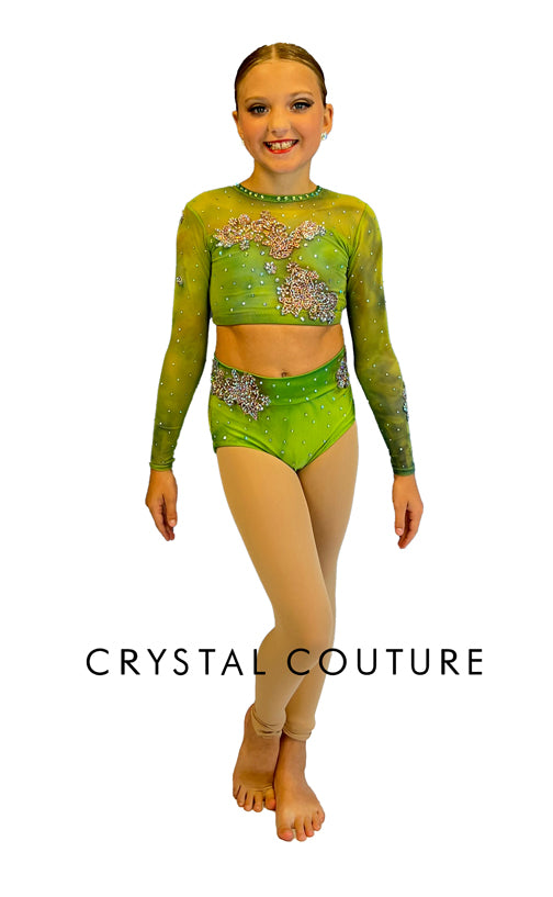 Custom Marble Green Lycra Top & Trunks with Long Mesh Sleeves - Rhinestones & Appliques