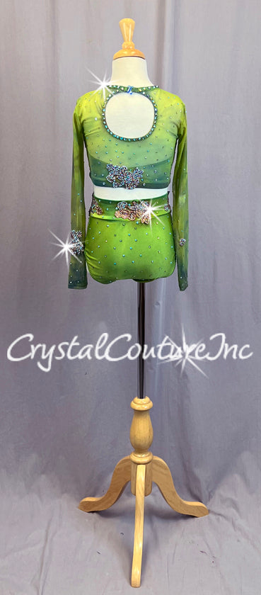 Custom Marble Green Lycra Top & Trunks with Long Mesh Sleeves - Rhinestones & Appliques