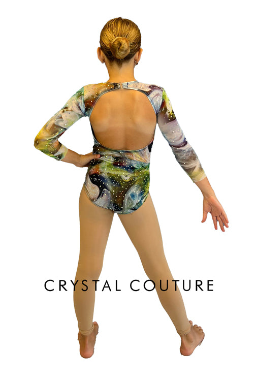 Swirled Multi Colored Leotard with Mesh Midriff and Long Sleeves - Rhinestones
