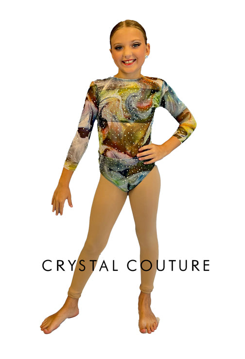 Swirled Multi Colored Leotard with Mesh Midriff and Long Sleeves - Rhinestones