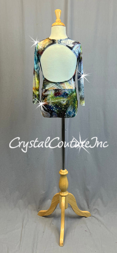 Custom Swirled Multi Colored Leotard with Mesh Midriff & Long Sleeves - Rhinestones