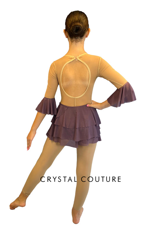 Dark Mauve Leotard with Tiered Skirt and Flutter Sleeves - Rhinestones