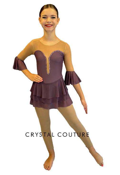 Dark Mauve Leotard with Tiered Skirt and Flutter Sleeves - Rhinestones