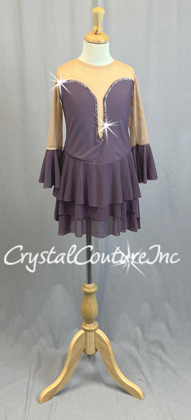 Dark Mauve Leotard with Tiered Skirt and Flutter Sleeves - Rhinestones