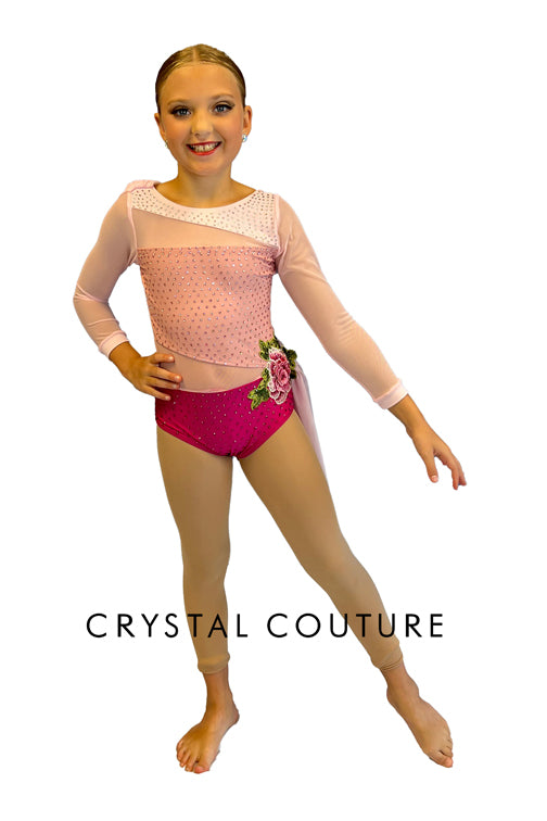 Shades of Pink Leotard with Rhinestones and 3D Floral Appliques