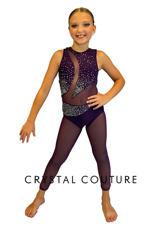 Plum Asymmetrical Unitard with Mesh Legs and Cutouts - Rhinestones