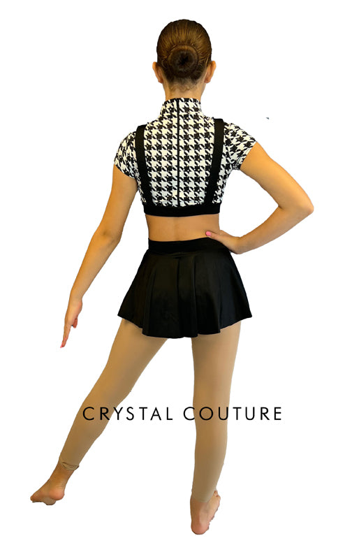 Black and White Houndstooth Crop and Trunk with Attached Half Skirt - Rhinestones