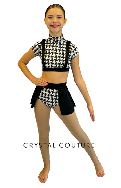 Black and White Houndstooth Crop and Trunk with Attached Half Skirt - Rhinestones