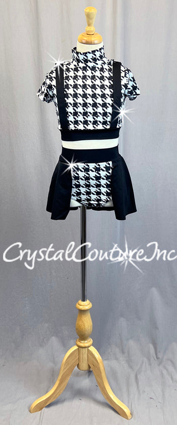 Black and White Houndstooth Crop and Trunk with Attached Half Skirt - Rhinestones