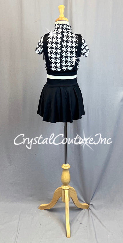 Black and White Houndstooth Crop and Trunk with Attached Half Skirt - Rhinestones
