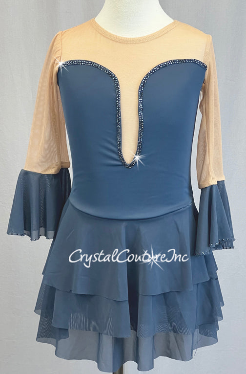 Smokey Blue Leotard with Tiered Skirt and Flutter Sleeves - Rhinestones