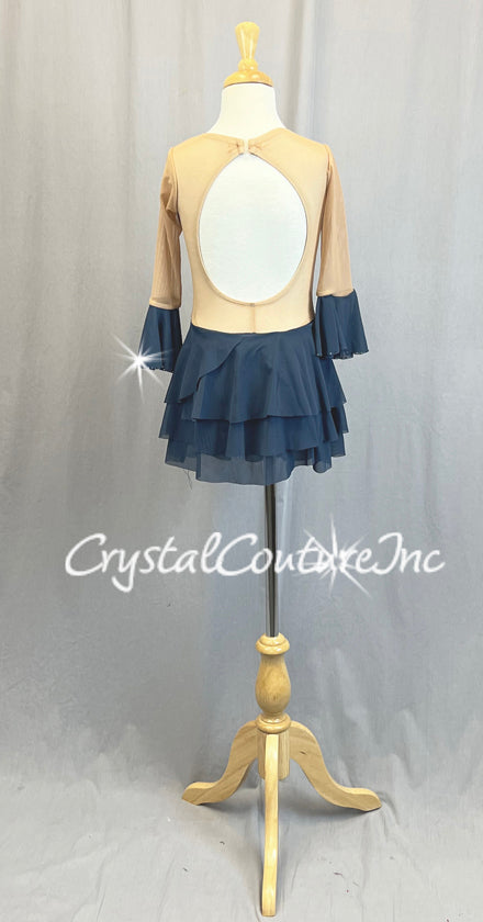 Smokey Blue Leotard with Tiered Skirt and Flutter Sleeves - Rhinestones