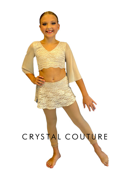 Ivory Lace Two Piece with Flutter Sleeves and Short Skirt