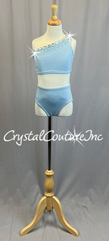 Custom Baby Blue Shimmer One-Shoulder Two Piece with Rhinestones and Beading