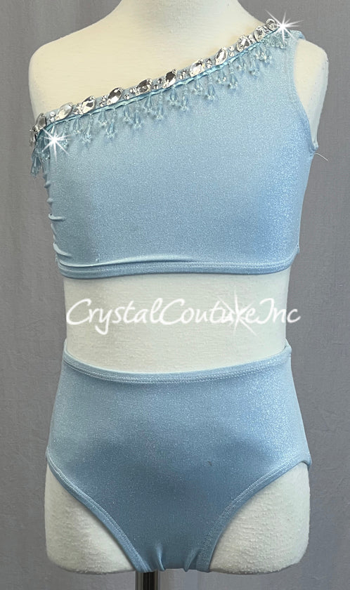 Custom Baby Blue Shimmer One-Shoulder Two Piece with Rhinestones and Beading