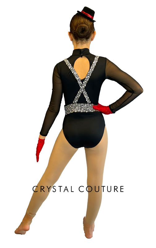 Black Leotard with Red Bowtie and Rhinestoned Suspenders