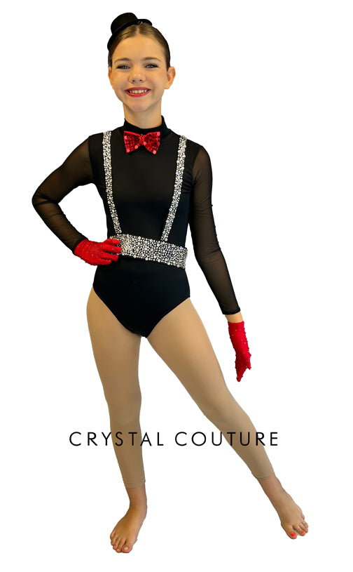 Black Leotard with Red Bowtie and Rhinestoned Suspenders