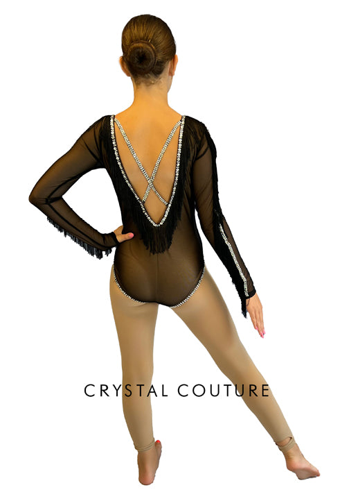 Black Mesh Leotard with Fringe - Rhinestones