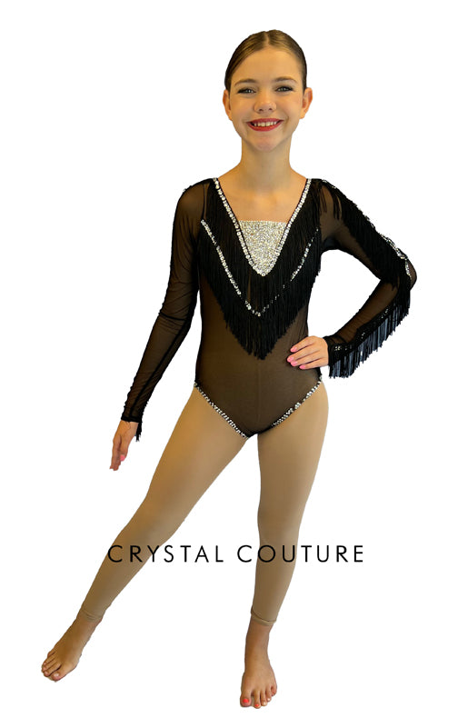 Black Mesh Leotard with Fringe - Rhinestones