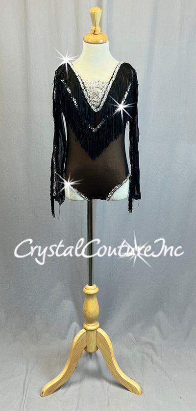 Black Mesh Leotard with Fringe and Rhinestones