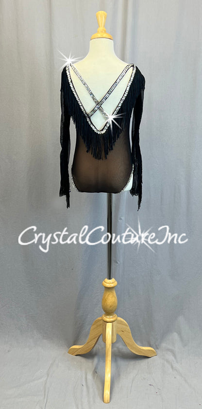 Black Mesh Leotard with Fringe - Rhinestones