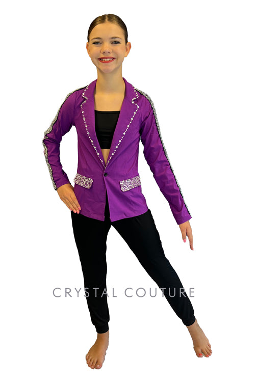 Purple Blazer Jacket with Black Joggers - Rhinestones