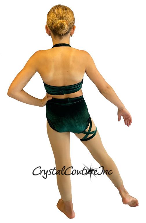 Green Velvet Two Piece Halter Top with Trunks and Strappy Leg Band
