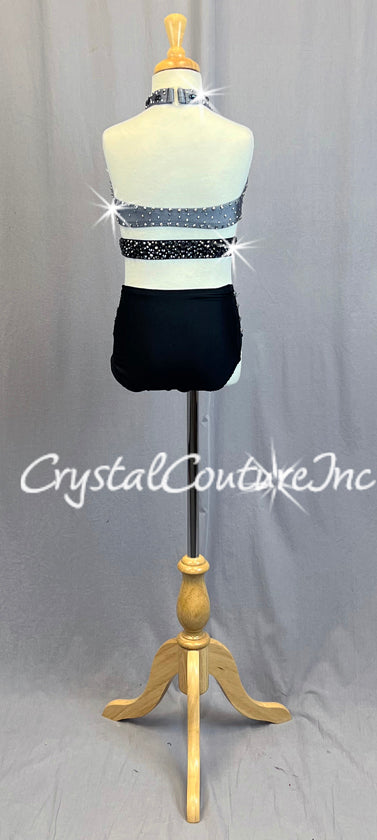 Grey & Black Connected Two Piece with Strappy Side Hip Detail - Rhinestones