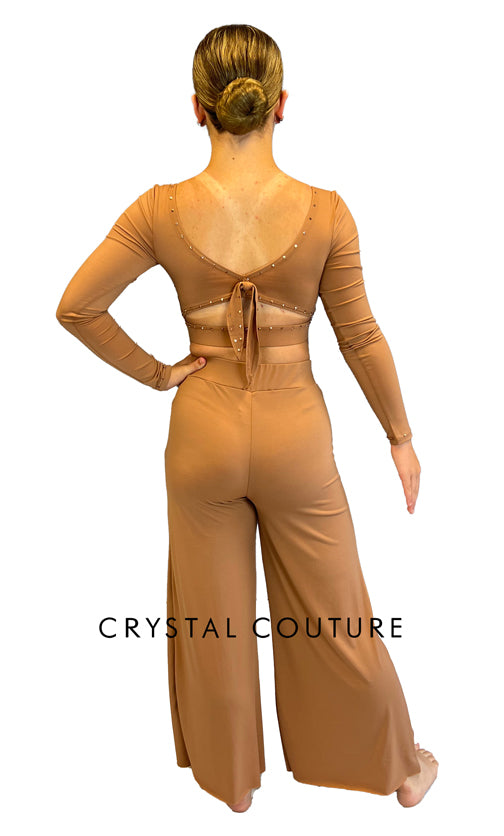 Brown Long Sleeve Top and Wide Leg Pant with Rhinestones